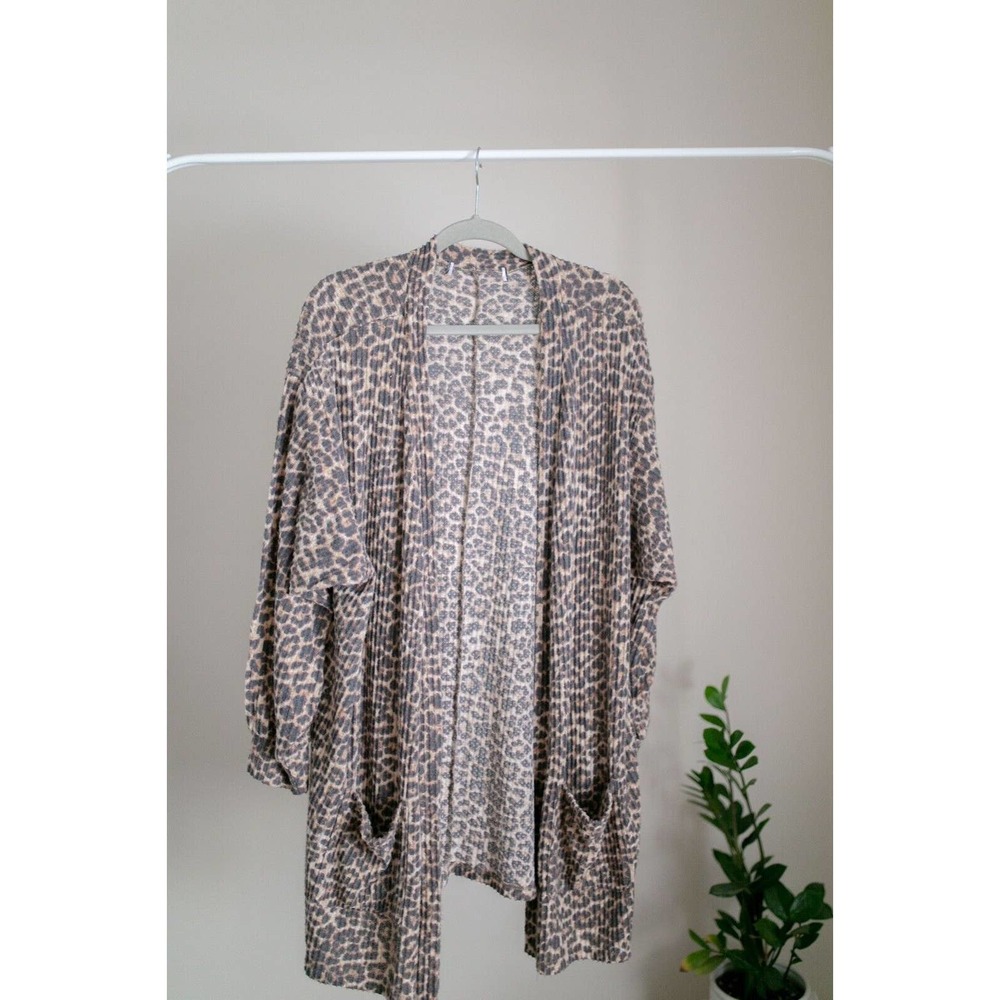 Womens Brown Leopard Ribbed Knit Long Sleeve Duster Cardigan Size M/L